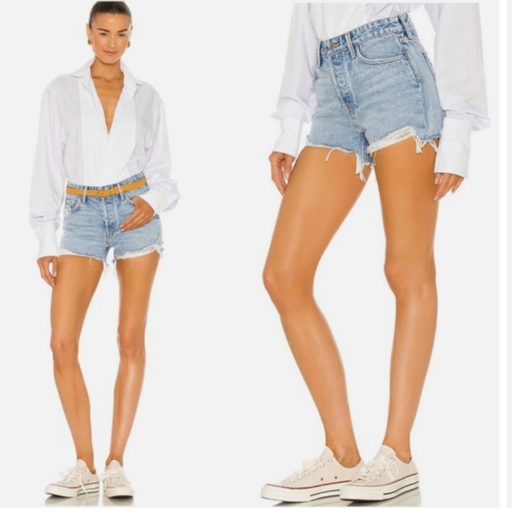 GRLFRND Helena High Rise Cut Off Button Fly Jean Shorts Palm Springs Blue Sz 28